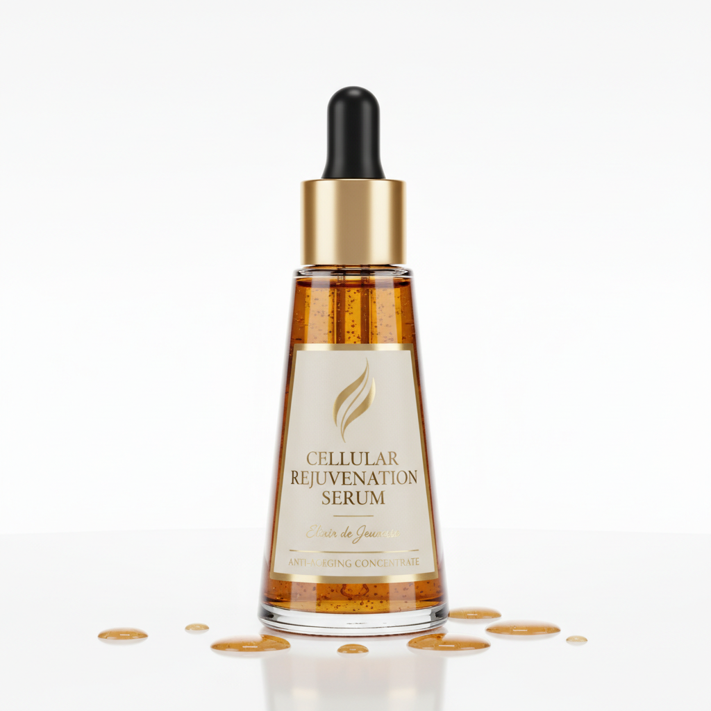 Luxurious anti-ageing skincare serum in dark glass dropper bottle with gold cap