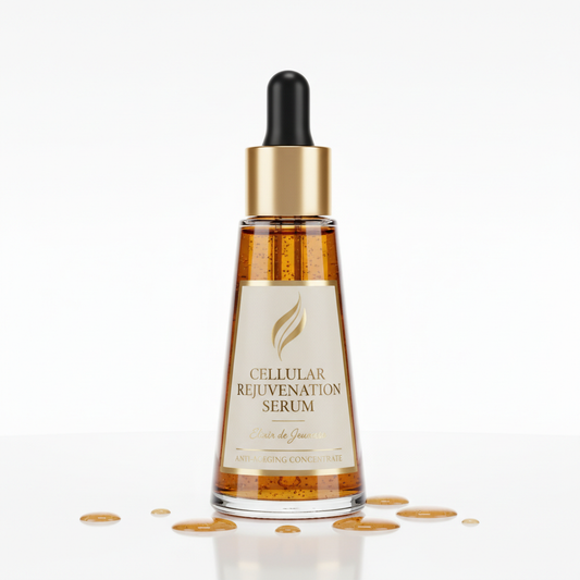 Luxurious anti-ageing skincare serum in dark glass dropper bottle with gold cap